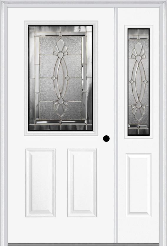 MMI 1/2 Lite 2 Panel 6'8" Fiberglass Smooth Belaire Zinc Exterior Prehung Door With 1 Half Lite Belaire Zinc Decorative Glass Sidelight 684